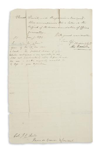 HAMILTON, ALEXANDER. Letter Signed, Alex Hamilton, as Inspector General, to Colonel Josias Carvel Hall,